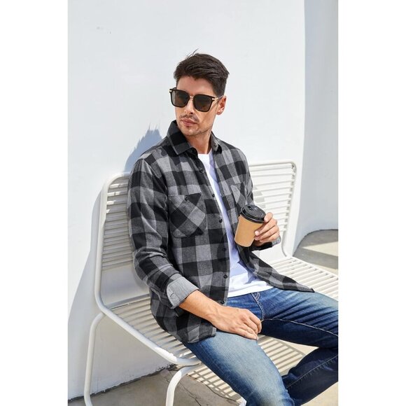 Mens Button Down Shirts Flannel Shirt Long Sleeve - Picture 3 of 5